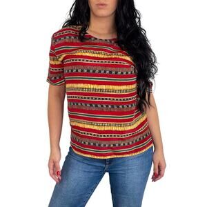 Petite Sophisticate 1980s Vintage Red & Gold Retro Geometric Blouse Large